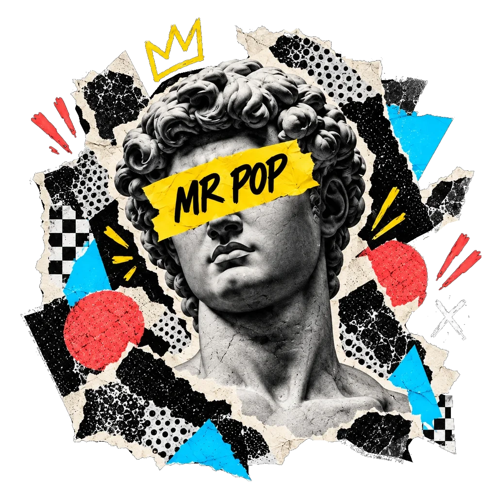 A marble statue with a yellow MR POP sticker across its face, surrounded by torn paper and colorful collage.